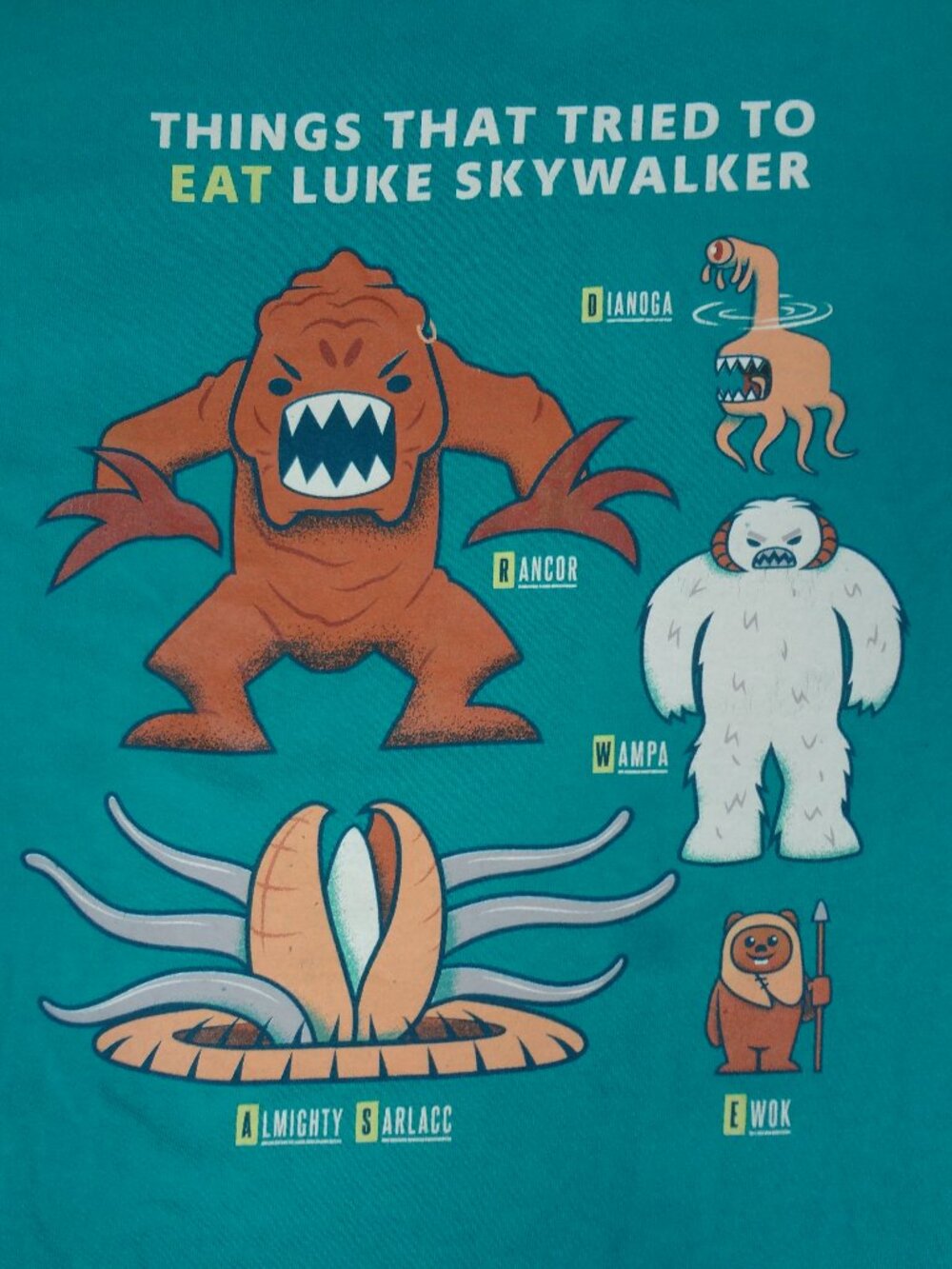 DISNEY STAR WARS THINGS THAT TRIED TO EAT LUKE SKYWALKER LARGE TEAL SHIRT L913